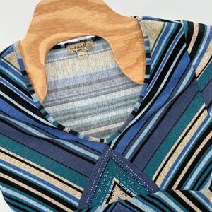 One World Striped Dress Embellished V-Neck 3/4 Sleeve baby doll Knit Top Size L